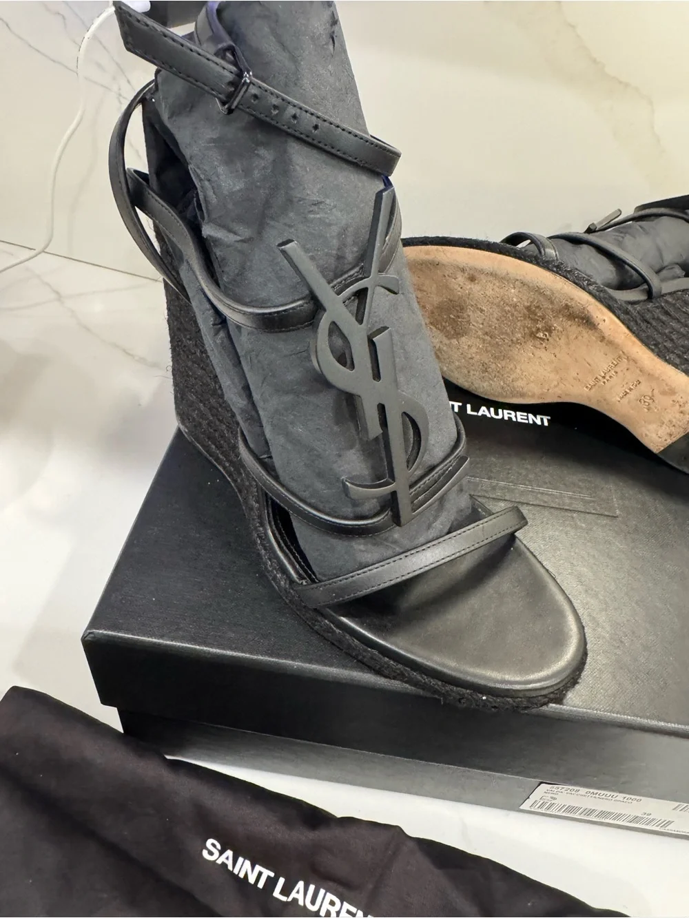 Yves Saint Laurent Black Logo Espadrille Sandals